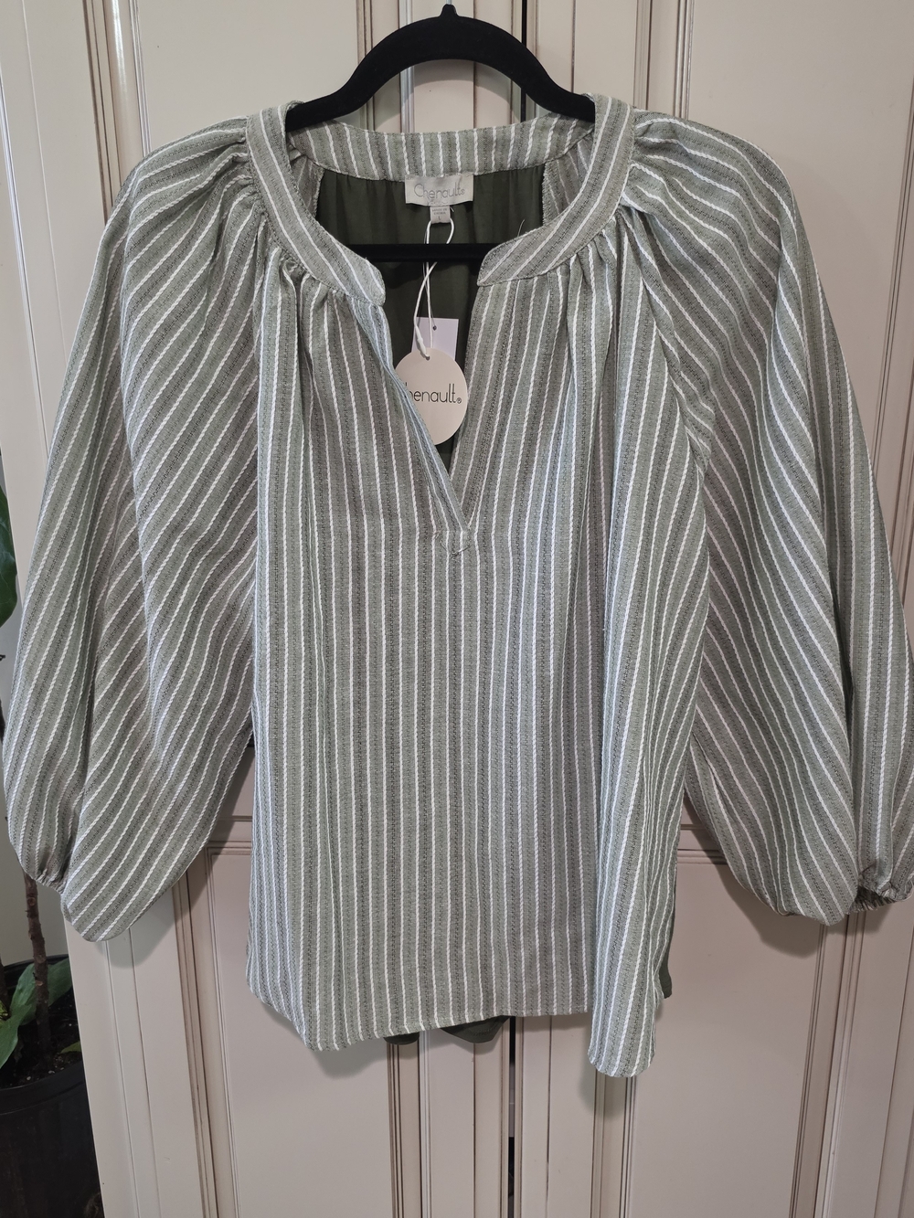 Chenault Olive Green and White Striped Peasant Blouse